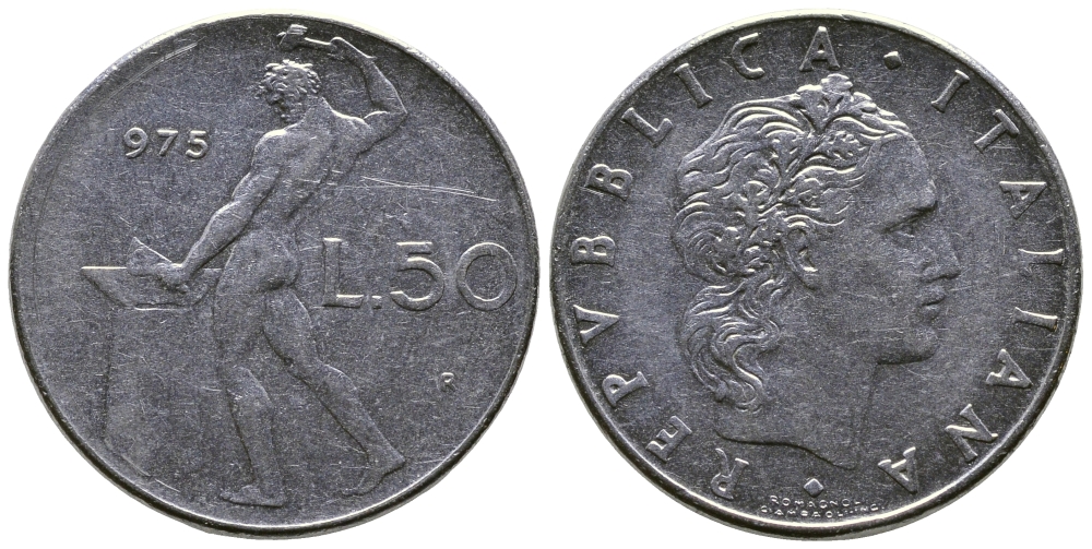 ИТАЛИЯ 50 ЛИР 1975 R, БОГ ОГНЯ ВУЛКАН У НАКОВАЛЬНИ KM 95.1 нержавеющая сталь 91-536