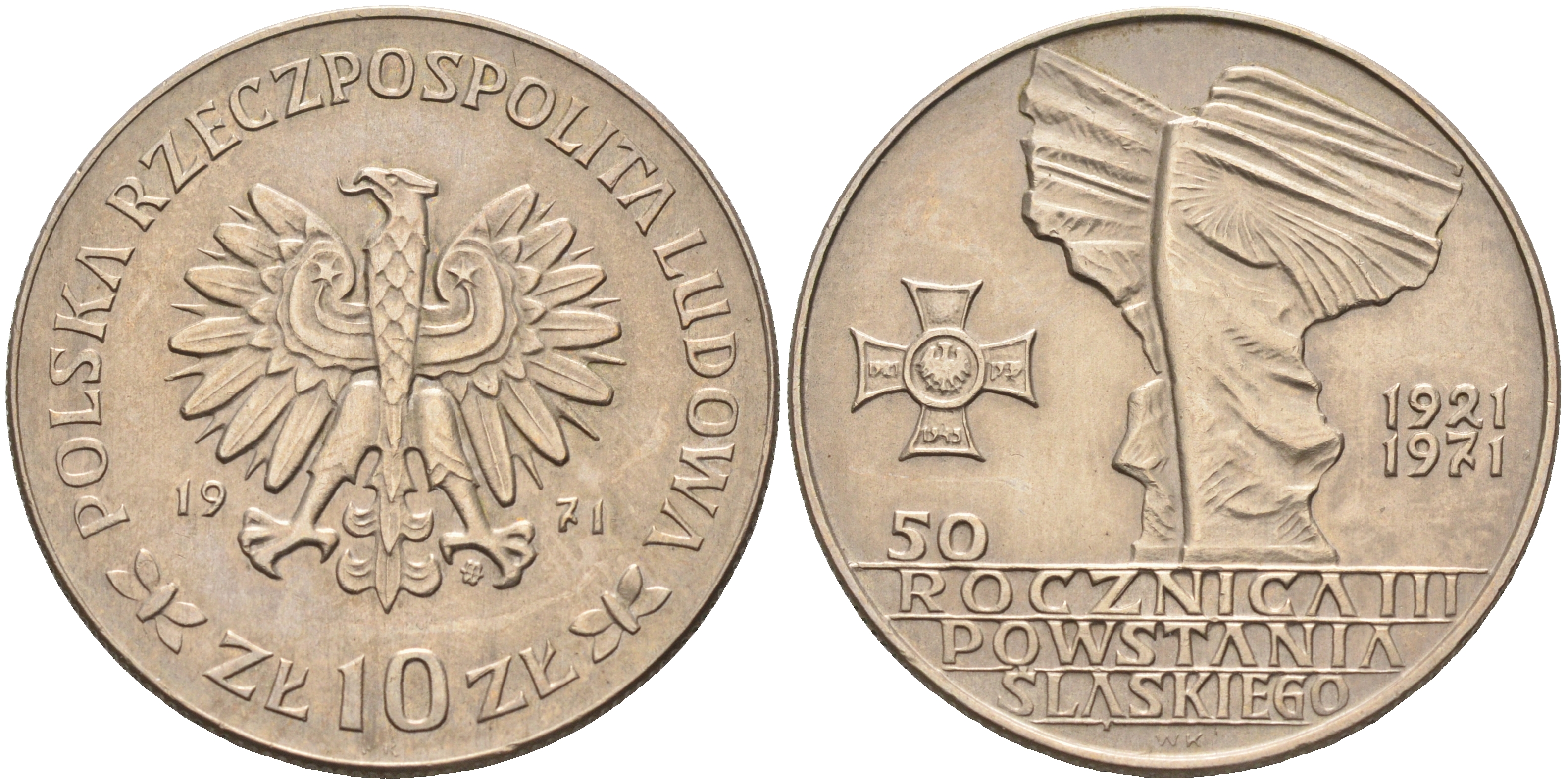 Польша 10 злотых 1971 MW, 50 лет битве за Верхнюю Силезию KM 64 медно-никель  UNC  4150-431