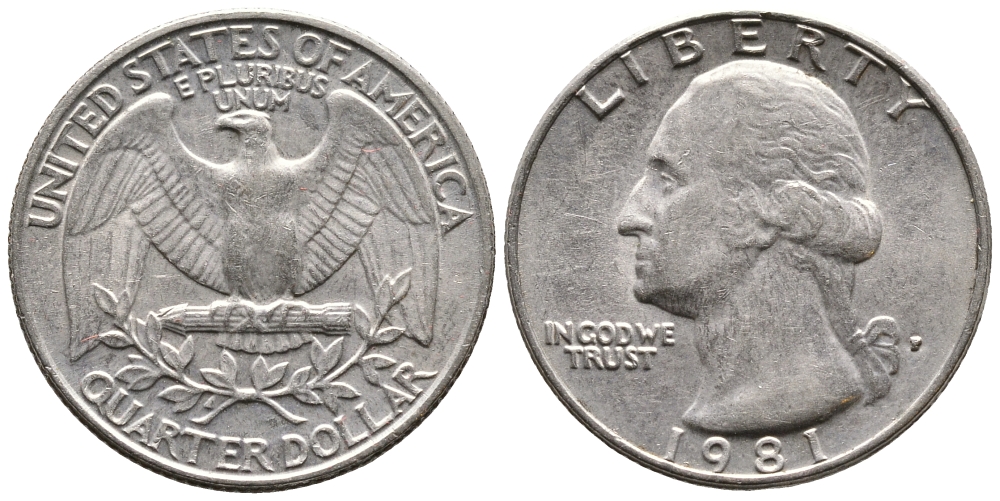 США 25 ЦЕНТОВ = КВОТЕР 1981 ВАШИНГТОН KM А164а медь плакированная медно-никелем 4364-541