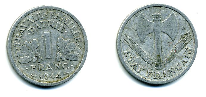 ФРАНЦИЯ 1 ФРАНК 1944 B, ТИП LEGERE, ПРАВИТЕЛЬСТВО ВИШИ KM 902.2, LE FRANC 223.6 алюминий 29-822