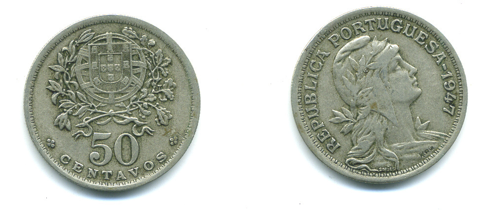 Португалия 50 сентаво 1947 KM 577 медно-никель 4383-235
