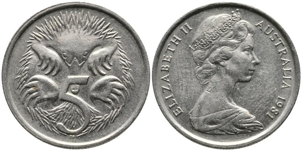 Австралия 5 центов 1981 Елизавета II (1952-2022), ехидна KM 64 медно-никель 4549-712