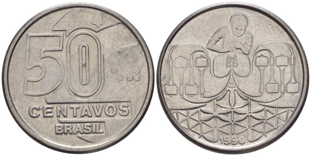 БРАЗИЛИЯ 50 СЕНТАВО 1990 РЕФОРМА 1989-1990 KM 614 нержавеющая сталь 116-1262