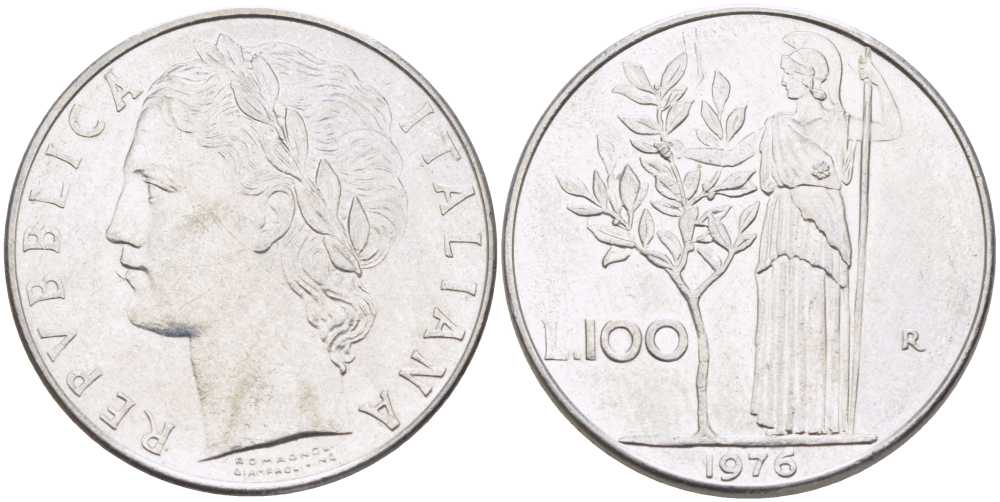ИТАЛИЯ 100 ЛИР 1976 R, АФИНА KM 96.1 нержавеющая сталь 117-1253