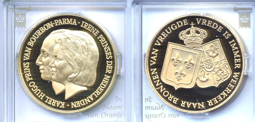 НИДЕРЛАНДЫ МЕДАЛЬ ND СВАДЬБА ПРИНЦЕССЫ КАРОЛИНЫ ДЕ БУРБОН ПАРМА ИРЕНЫ И АЛЬБЕРТА БРИННИНКМАЙЕРА бронза, позолота PROOF 5-3-1-86