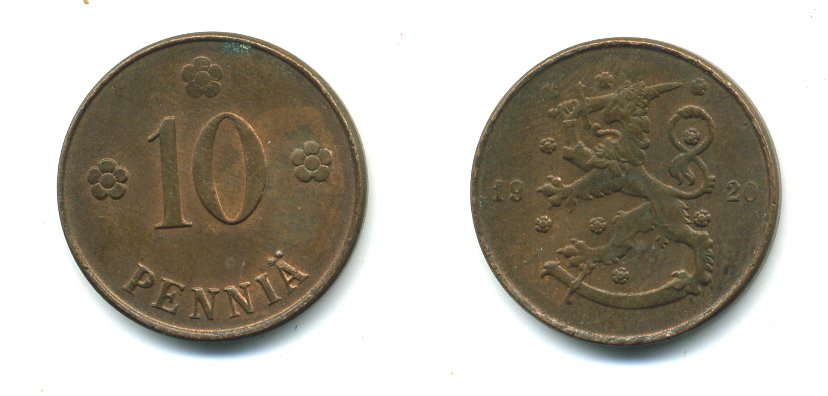 Финляндия 10 пенни 1920 республика (1918-1962) KM 24 медь 36-534