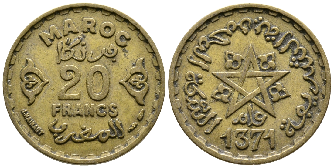 Марокко 20 франков 1950 год 1371, Мухаммед V (1346-1381) (1927-1962) KM 50 алюминиевая бронза 4364-3124