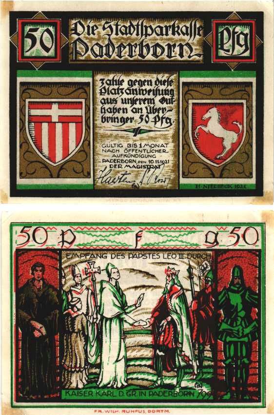 ПАДЕБОРН 50 ПФЕННИГОВ 1921 НОТГЕЛЬД, 10 НОЯБРЯ 1921, ДЕЙСТВИТЕЛЕН В ТЕЧЕНИИ МЕСЯЦА, ЗЕМЛЯ СЕВЕРНЫЙ РЕЙН-ВЕСТФАЛИЯ Grabowski 1043.2 бумага 444-70-3-1