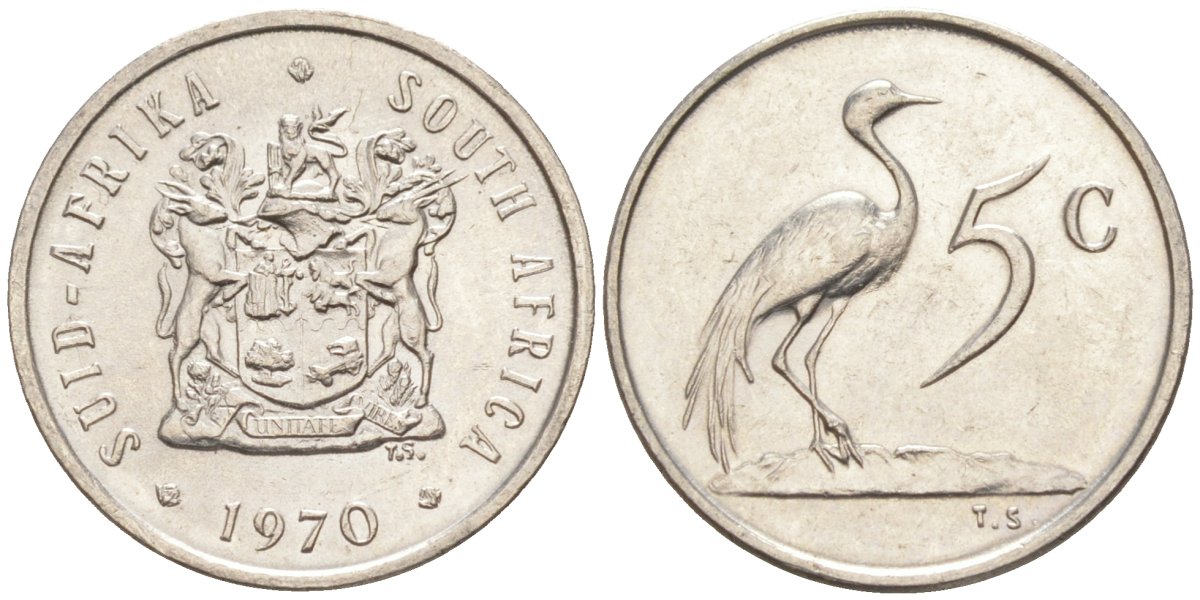 ЮАР 5 центов 1970 герб, райский журавль KM 84 никель 187-262