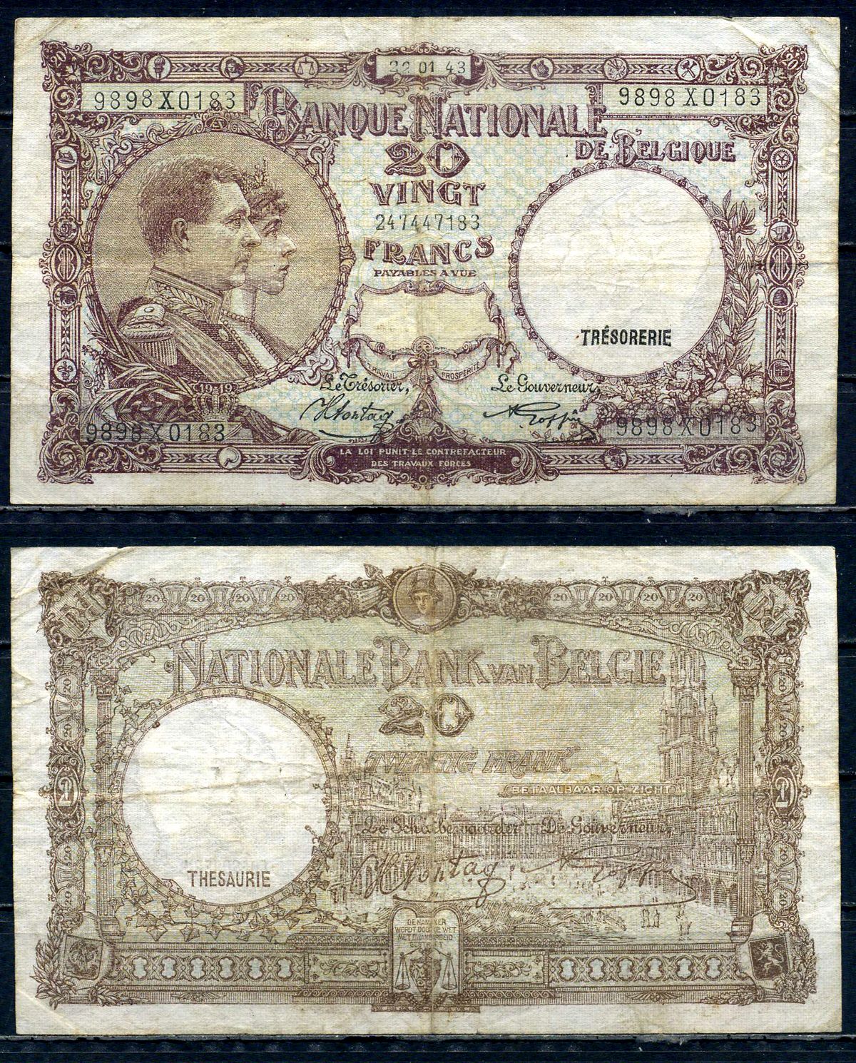 Бельгия 20 франков 1943 22.01.1943, Король Альберт I и его жена Королева Елизавета, Гран-Плас / Гроте Маркт, Брюссель Pick 111 (2) бумага 6301-34-2-2