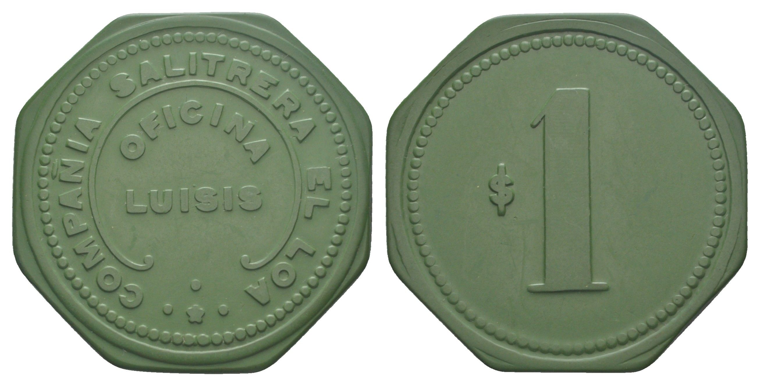 Чили, Луизис (Luisis), Антофагаста шахтерский жетон с Селитряного рудника для покупки в местных магазинах, номиналом в 1 песо около 1905 размер 42x42 мм, вес 5,51 гр Espinosa 189.6 эбонит (зеленый) 1078-1-54