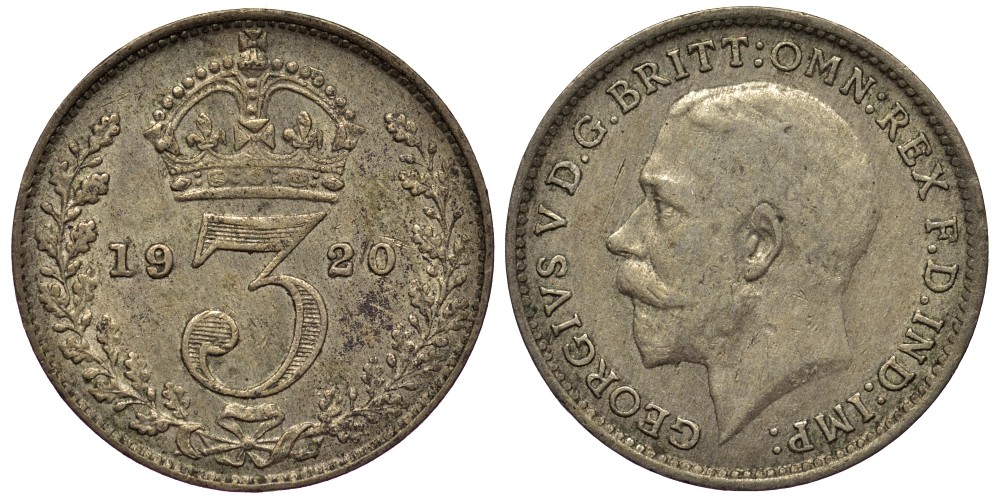 Великобритания 3 пенса 1920 Георг V (1910-1936), пограничный год KM 813 или 813a, Spink 4015 или 4026 серебро 4528-519