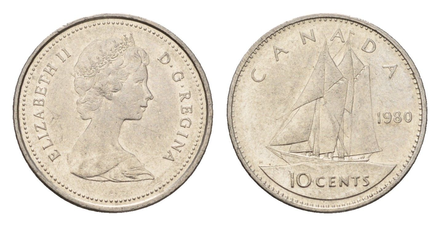 Канада 10 центов 1980 Елизавета II (1952-2022), парусник KM 77 никель 4689-551