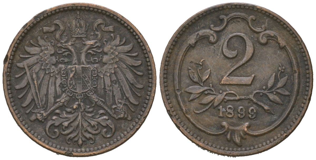 Австрия 2 геллера 1899 Франц Иосиф I (1848-1916) KM 2801 бронза 4615-558