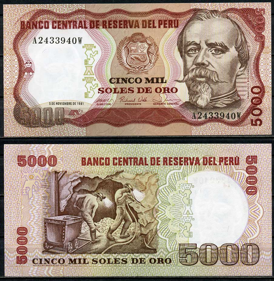 Перу 5000 солей 1981 Франсиско Болоньези, шахтеры, American Bank Note Company Pick 123  бумага  UNC (пресс) 447-25-2
