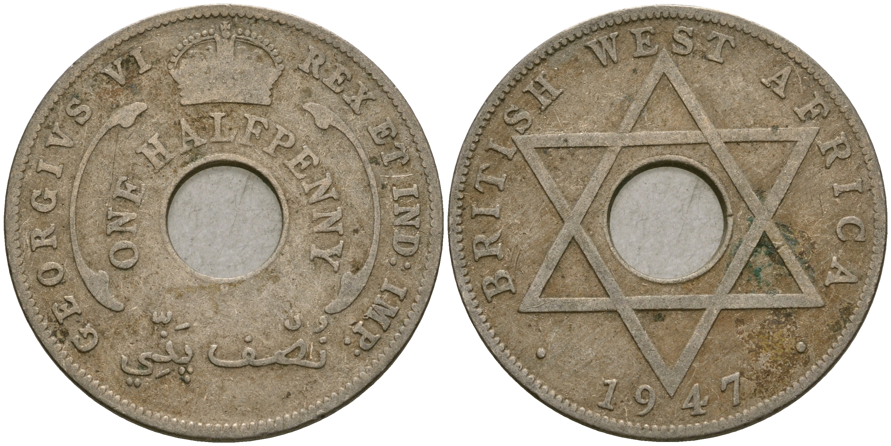 Британская Западная Африка 1/2 пенни 1947 H, Георг VI KM 18 медно-никель 25-1223