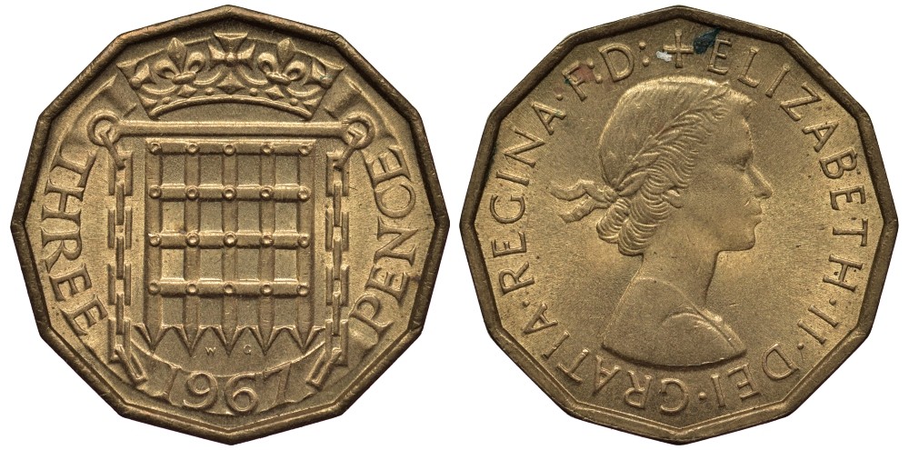 Великобритания 3 пенса 1967 Елизавета II (1952-2022) KM 900, Spink 4153 никель латунь 4538-1137
