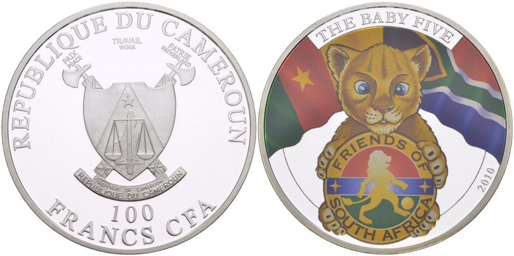 КАМЕРУН 100 ФРАНКОВ 2010 СЕРИЯ ДЕТЕНЫШИ БОЛЬШОЙ ПЯТЕРКИ, ЛЕВ, ЭМАЛЬ, ТИРАЖ 1000 ЭКЗ. KM NEW медь плакированная серебром 00-000-00