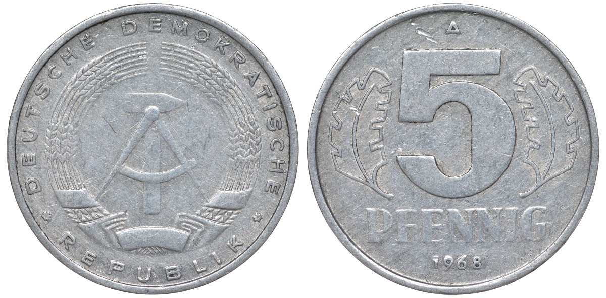ГДР 5 ПФЕННИГОВ 1968 A KM 9.1 алюминий 62-217