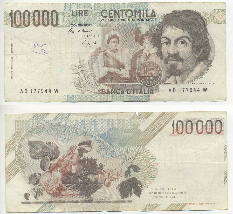 Италия 100000 лир 1983 Караваджо, фруктовый букет, подпись Stevani Pick 110а бумага 7220-2-3