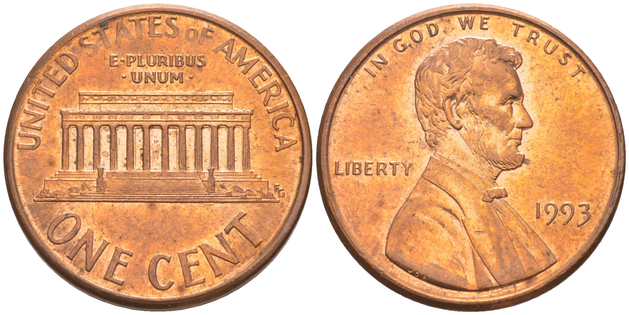 США 1 цент 1993 Авраам Линкольн KM 201b цинк плакированный медью UNC 188-245