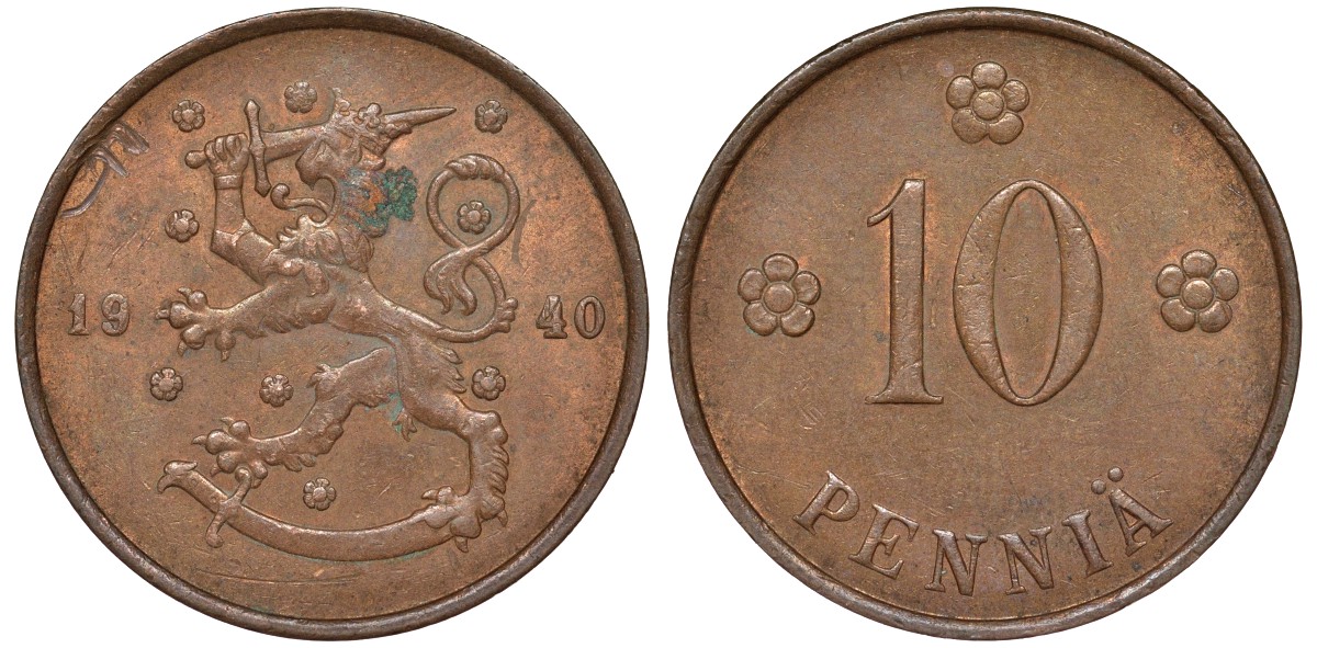 Финляндия 10 пенни 1940 республика (1918-1962) KM 24 медь 51-3335