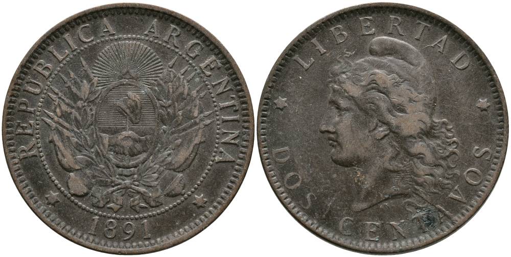 Аргентина 2 сентаво 1891 голова свободы влево KM 8 бронза 4531-1042