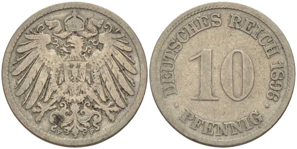 ГЕРМАНИЯ 10 ПФЕННИГОВ 1896 D KM 12, J. 13 медно-никель 4401-954
