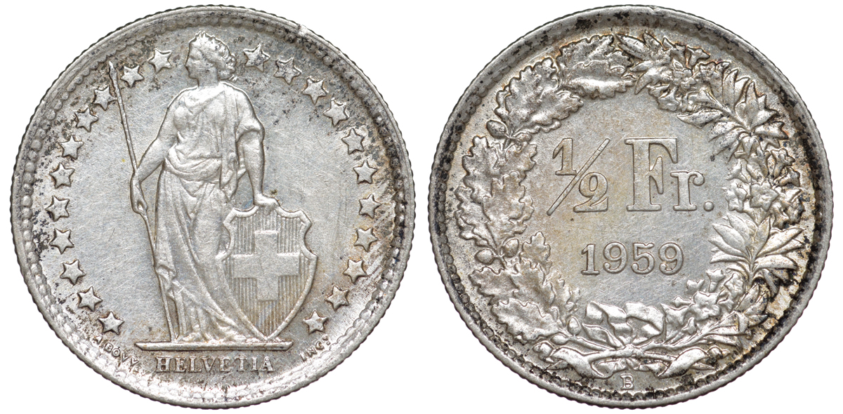 Швейцария 1/2 франка 1959 KM 23 серебро 4178-116
