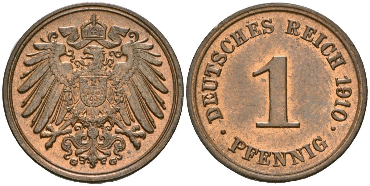 Германия 1 пфенниг 1910 G, Вильгельм II (1888-1918) KM 10, J. 10 медь aUNC 1525-542