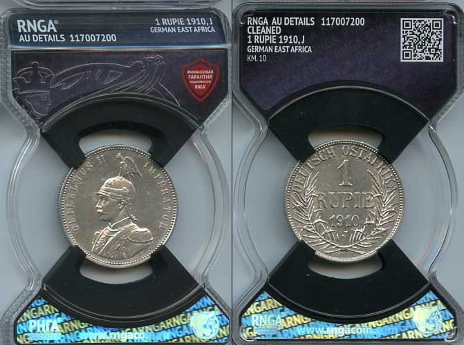 Немецкая Восточная Африка (Танзания) 1 рупия 1910 J, Ost-Africa, Вильгельм II (1888-1918), в слабе RNGA AU DETAILS Jaeger 722, KM 10 серебро    15-011-04