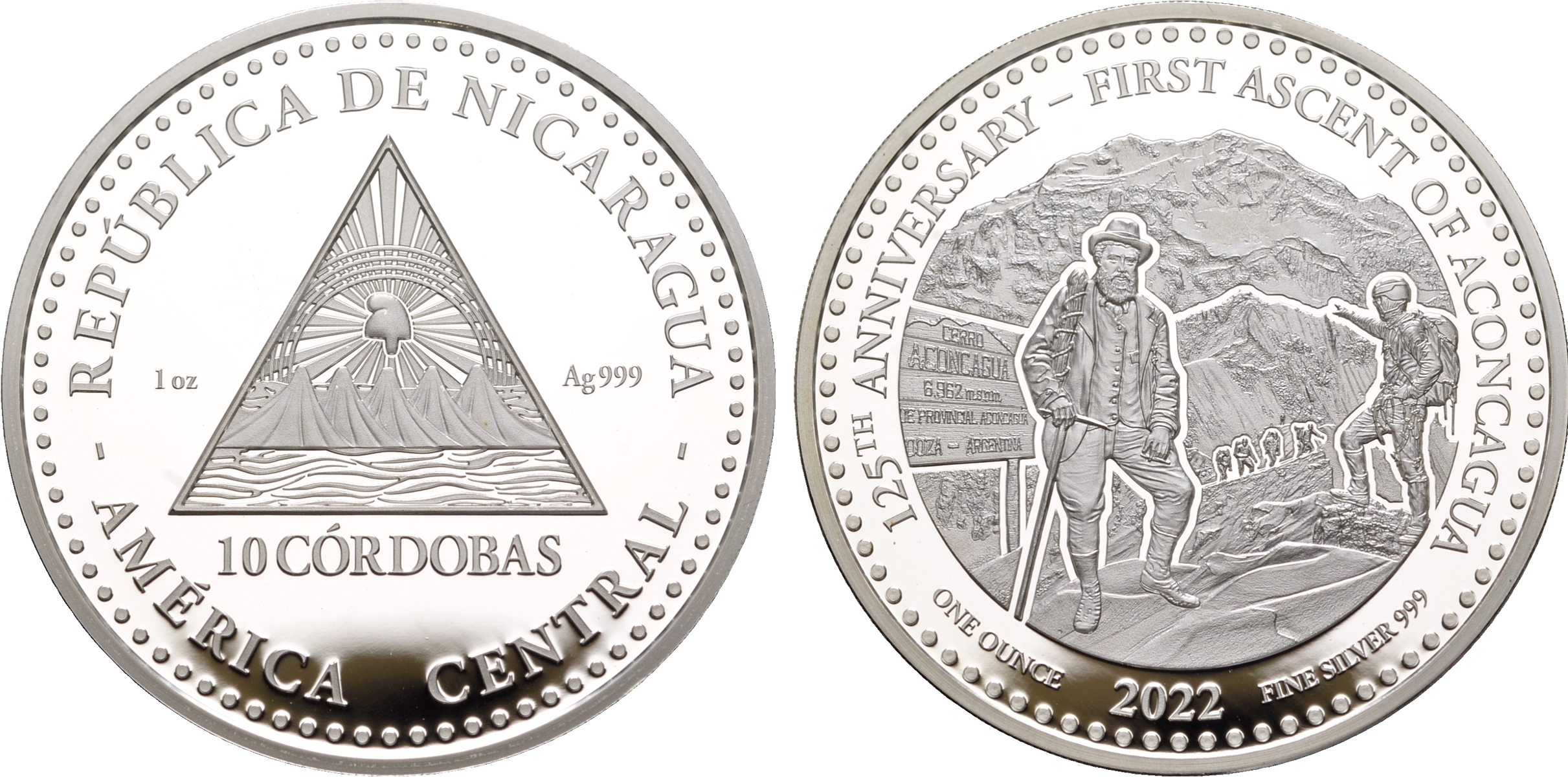 Никарагуа 10 кордоба 2022 125 лет со дня первого восхождения на гору Аконкагуа NI-000172 серебро  PROOF  11-182-15