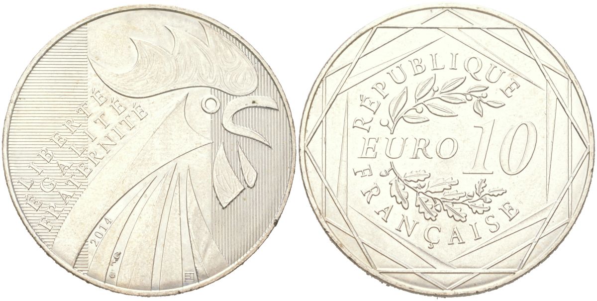 Франция 10 евро 2014 Петух KM 2110 серебро 4367-834
