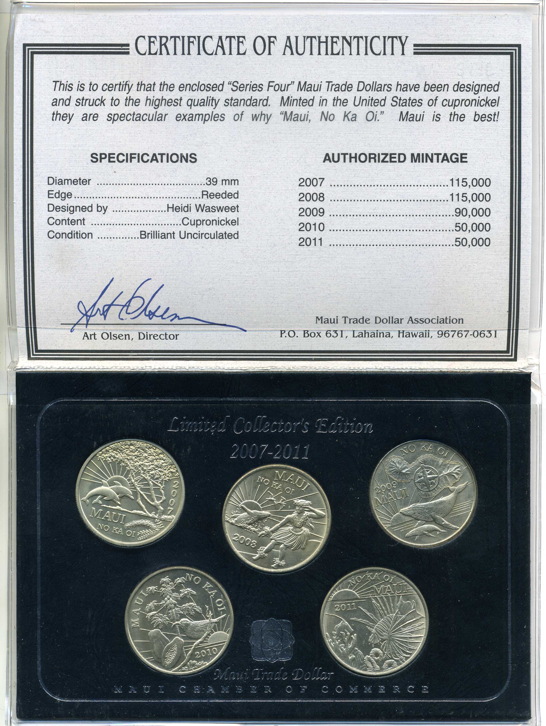 Гавайи, Мауи набор из 5 монет по 1 доллару 2007-2011 MAUI CHAMBER OF COMMERCE, в оригинальном картонном буклете, сертификат медно-никель UNC 5-4-4-1