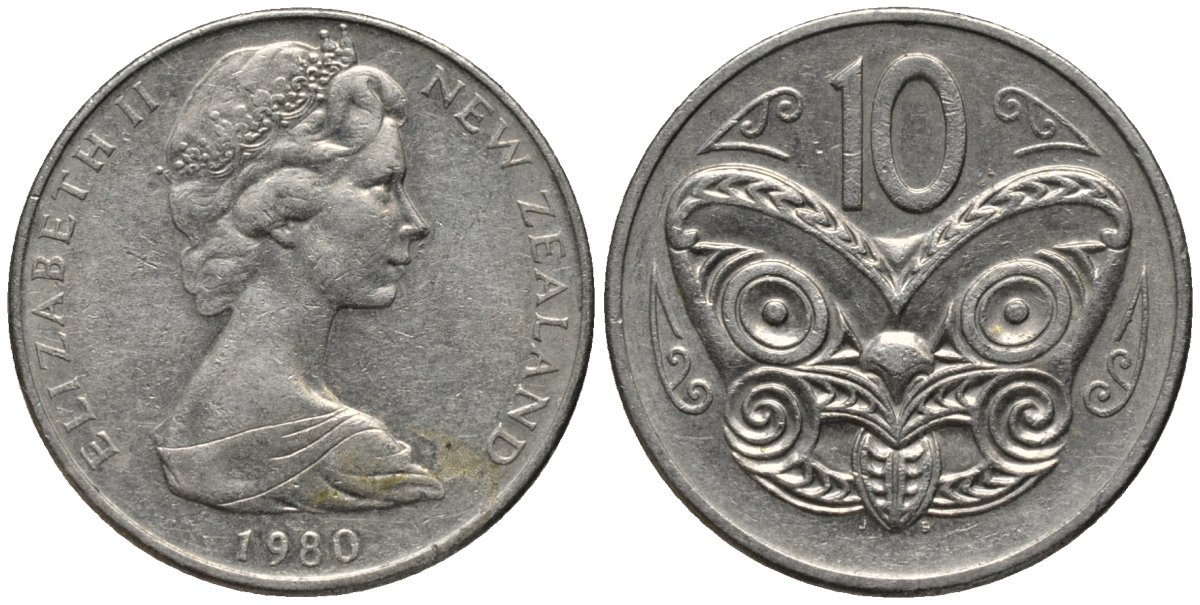 Новая Зеландия 10 центов 1980 Елизавета II (1952-2022), маска маори KM 41.1 медно-никель 4579-947