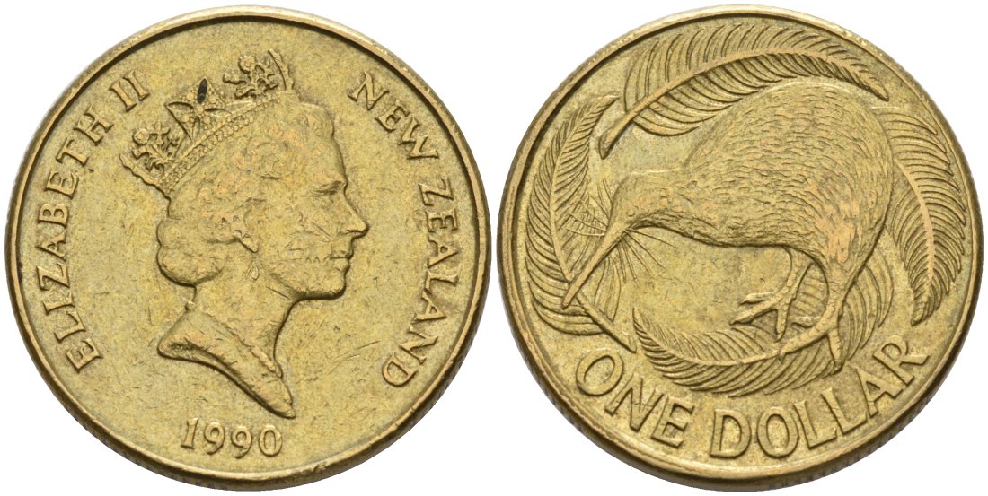 Новая Зеландия 1 доллар 1990 Елизавета II (1952-2022), птица киви KM 78 алюминиевая бронза 24-813