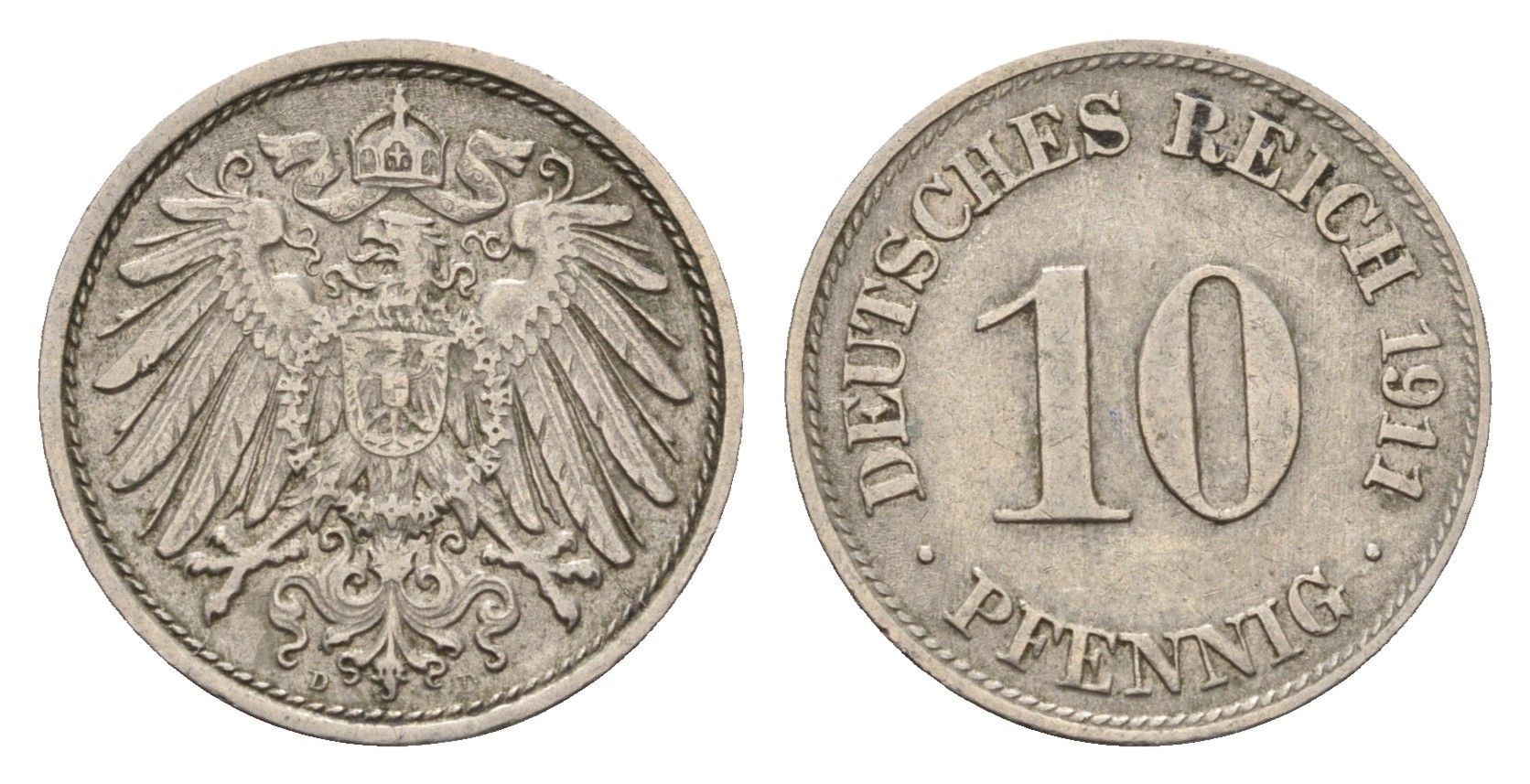 Германия 10 пфеннигов 1911 D, Вильгельм II (1888-1918) KM 12, J. 13 медно-никель 4636-927