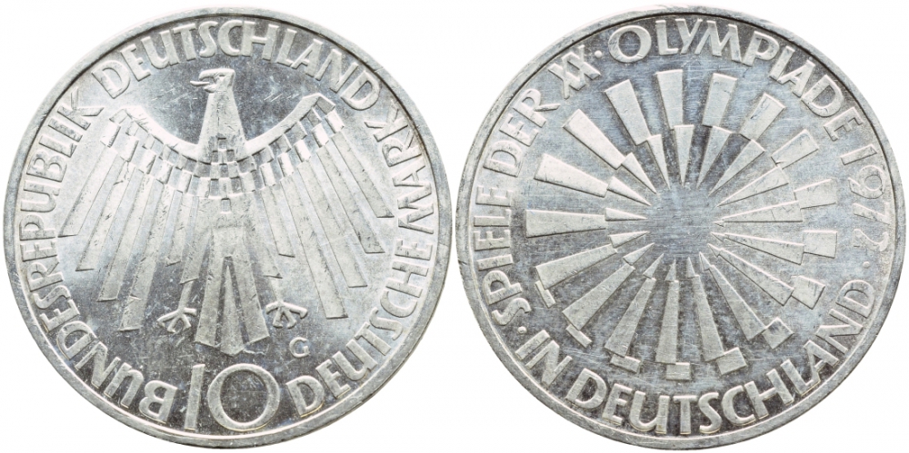 ФРГ 10 МАРОК 1972 G, ОЛИМПИАДА, СПИРАЛЬ KM 130, J.401a серебро UNC 1520-1414