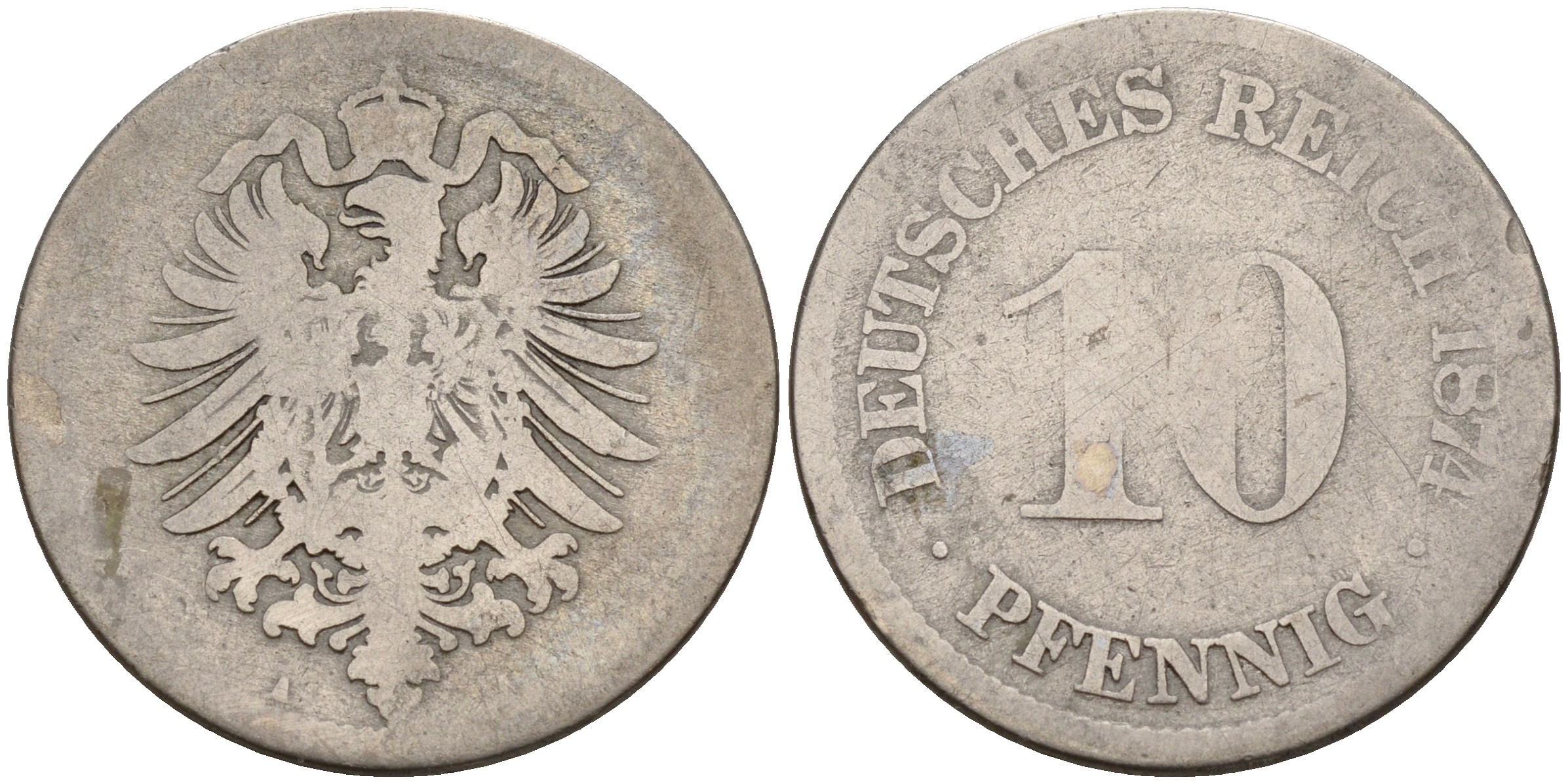Германия 10 пфеннигов 1874 A, старогербовка KM 4,  J. 4 медно-никель    4153-515