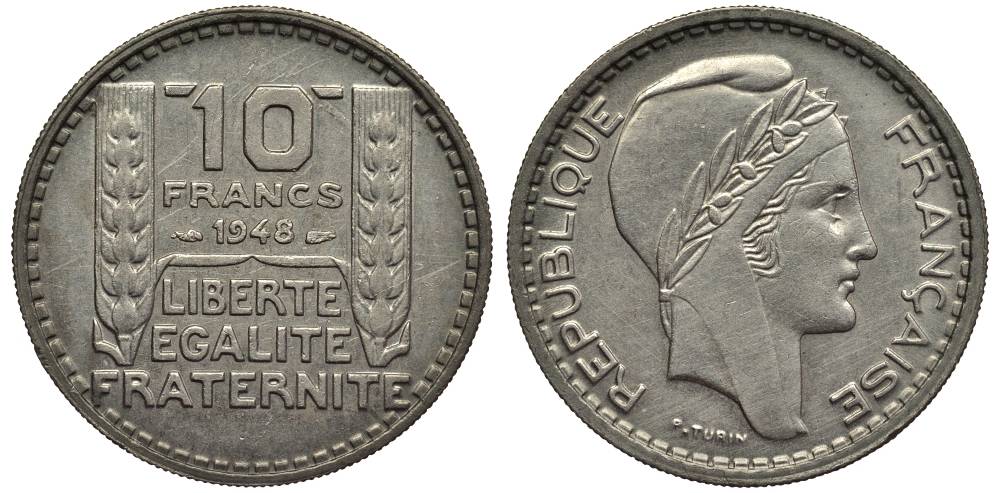 Франция 10 франков 1948 тип Пьер Турин KM 909.1, Le Franc 362.3 медно-никель 27-827