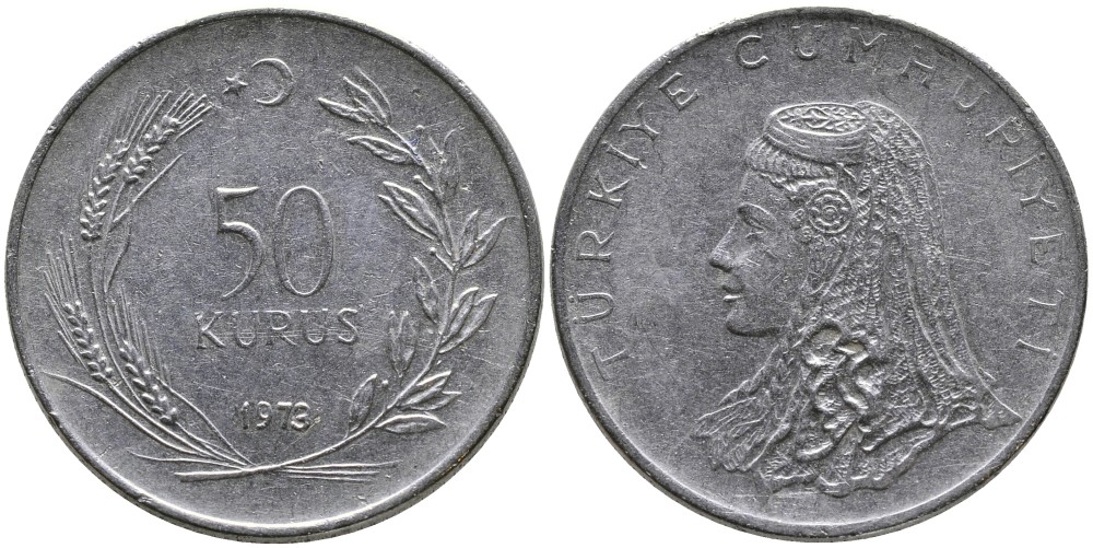 Турция 50 курушей 1973 Анатолийская невеста KM 899 нержавеющая сталь 4541-846