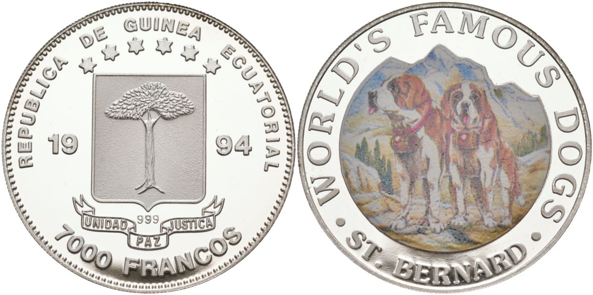 Экваториальная Гвинея 7000 франков 1994 серия знаменитые породы собак, сенбернар, тираж 7500 экз. KM 99 серебро PROOF 11-322-15