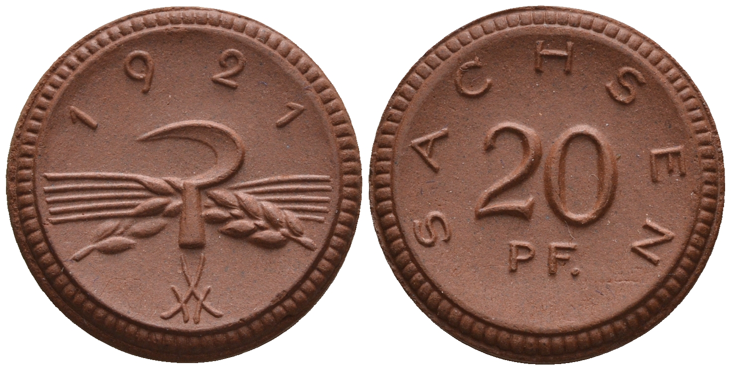 Саксония 20 пфеннигов 1921 колосья и серп J. N 53 фарфор UNC 1094-9-22