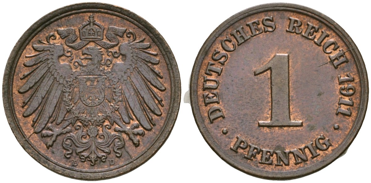 Германия 1 пфенниг 1911 D, Вильгельм II (1888-1918) KM 10, J. 10 медь 4608-612