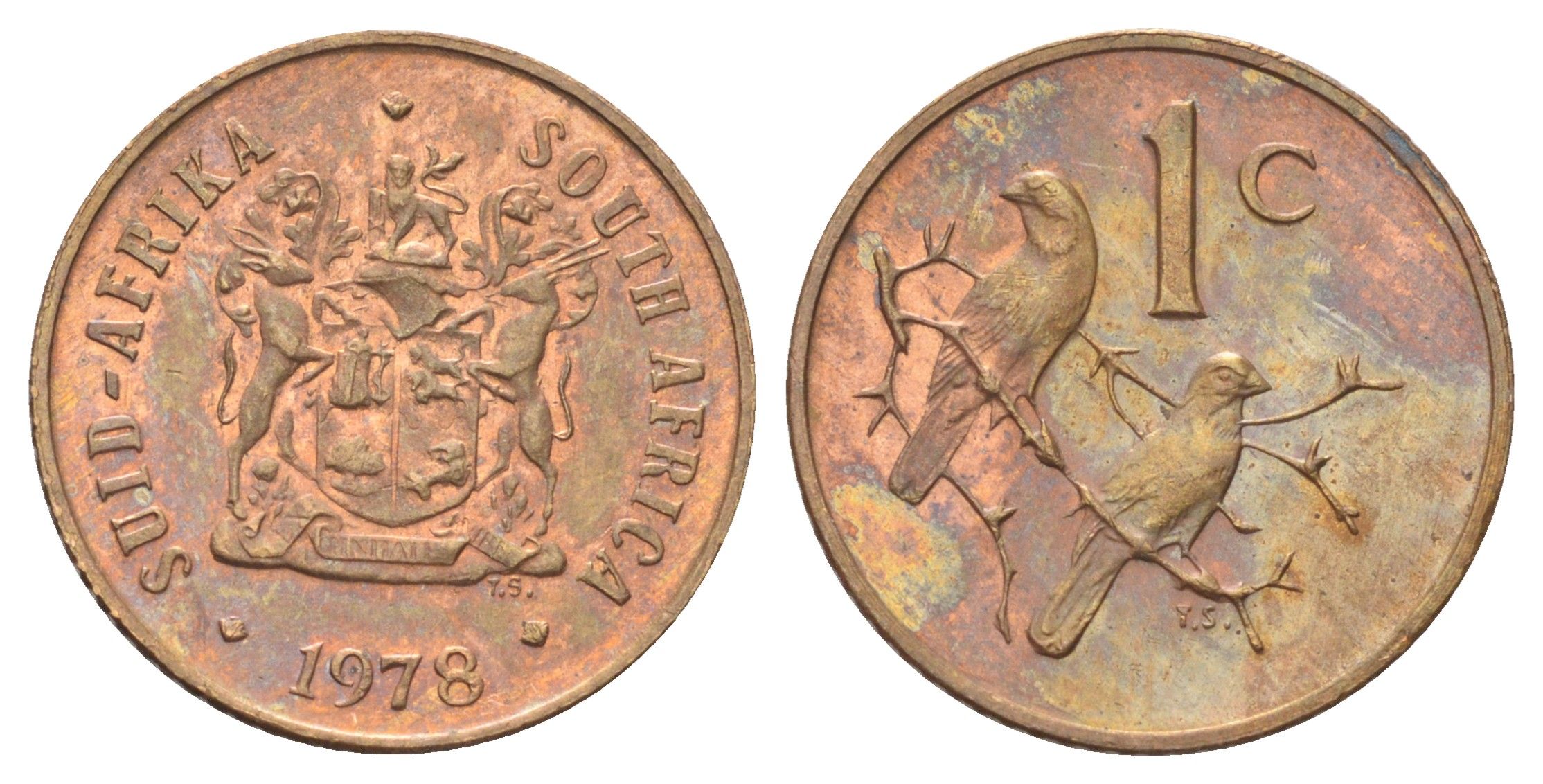 ЮАР 1 цент 1978 герб, капские воробьи KM 82 бронза UNC 4696-926