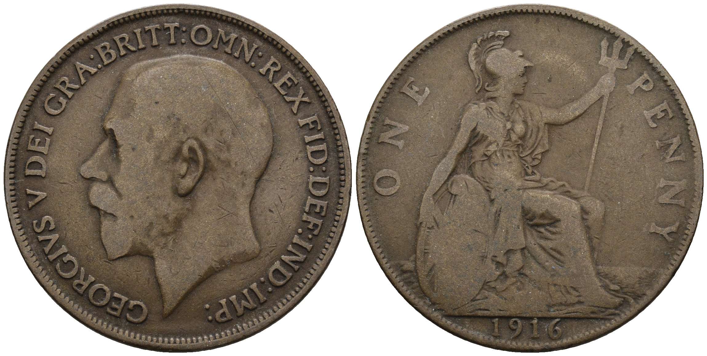 Великобритания 1 пенни 1916 Георг V (1910-1936) КМ 810, Spink 4051 бронза 177-444