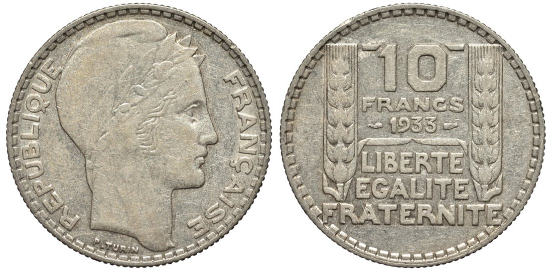 Франция 10 франков 1933 Пьер Тюрен KM 878, Le Franc 360.6 серебро 189-716