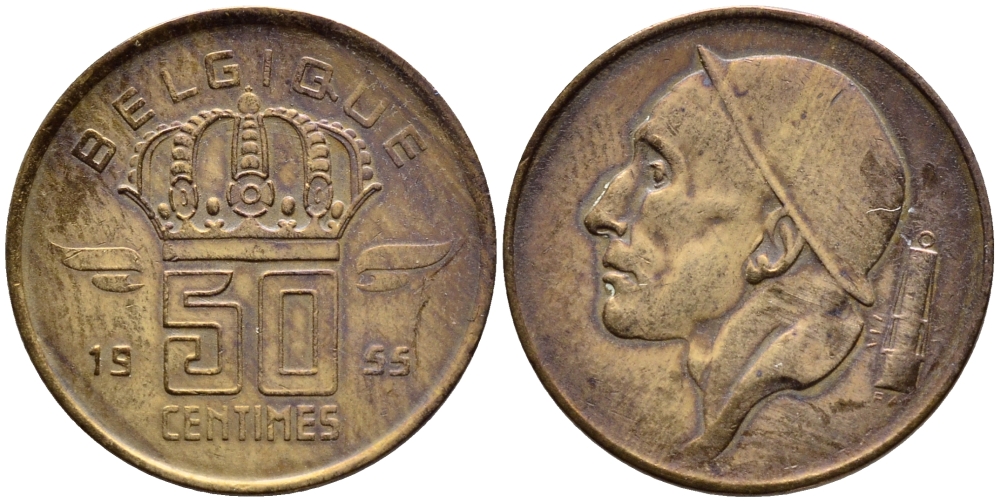 БЕЛЬГИЯ 50 САНТИМОВ 1955 BELGIQUE KM 144 бронза 4392-767