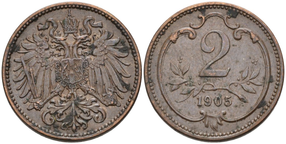 Австрия 2 геллера 1905 Франц Иосиф (1846-1918) KM 2801 бронза 4567-644