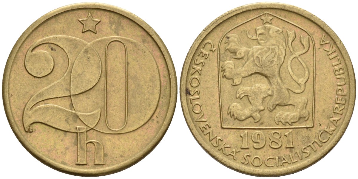 Чехословакия 20 геллеров 1981 KM 74 латунь 4141-526